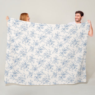Toile Floral Bouquet Blue Cream Vintage Botanical Fleece Blanket