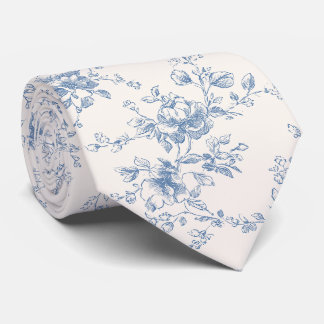 Toile Floral Bouquet Blue Cream Vintage Botanical Tie
