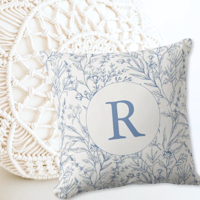 Toile Floral Monogram Dainty Blue French Theme Cushion (Toile Floral Monogram Dainty Blue French Theme Throw Pillow)