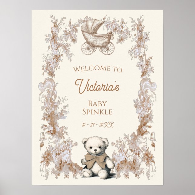 Toile Floral Teddy Bear Baby Shower Welcome Sign (Front)