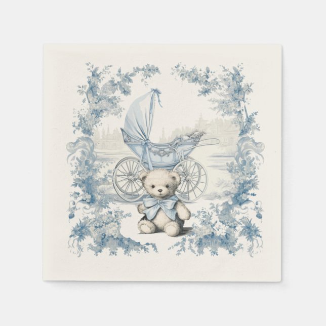 Toile Floral Teddy Bear Carriage Baby Shower Napkin (Front)