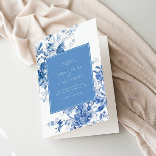 Toile French Blue Floral Folded Wedding Program