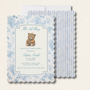 Toile French Blue Floral Vintage Teddy Bear Invitation