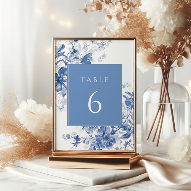 Toile French Blue Floral Wedding Table Number Sign (Creator Uploaded)