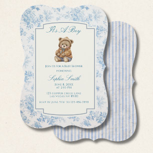 Toile French Dusty Blue Floral Vintage Teddy Bear Invitation