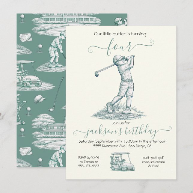 Toile Golf Boy Birthday Party Invitation (Front/Back)