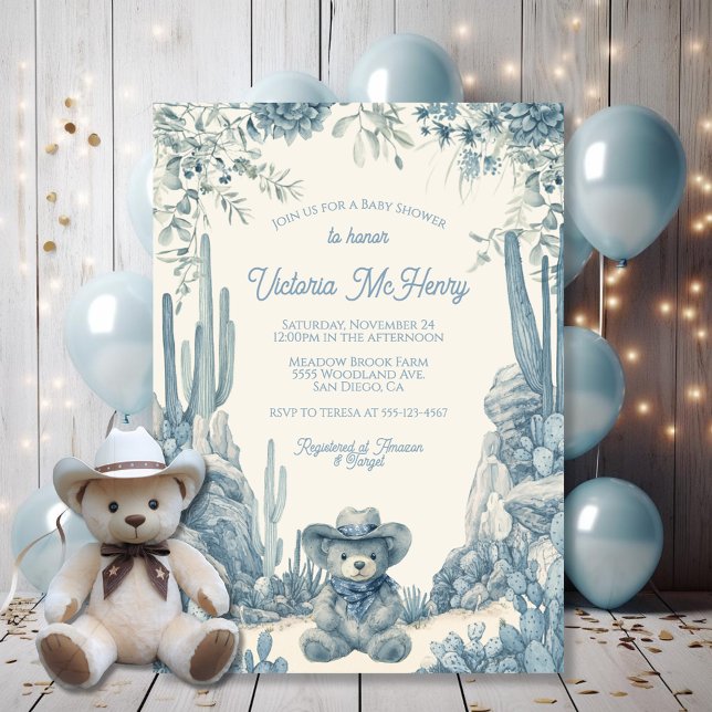 Toile Little Cowboy Teddy Bear Baby Shower Invitation (Creator Uploaded)