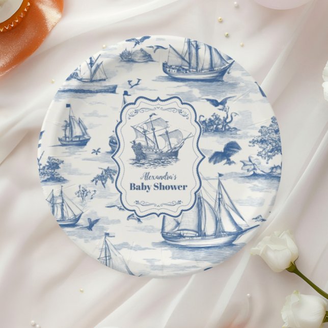 Toile Nautical Baby Shower Paper Plate (Creator Uploaded)