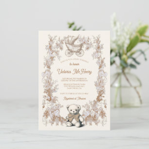 Toile Neutral Teddy Bear Carriage Baby Shower Invitation