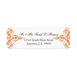 Toile Orange n White Damask Swirl Wedding Labels