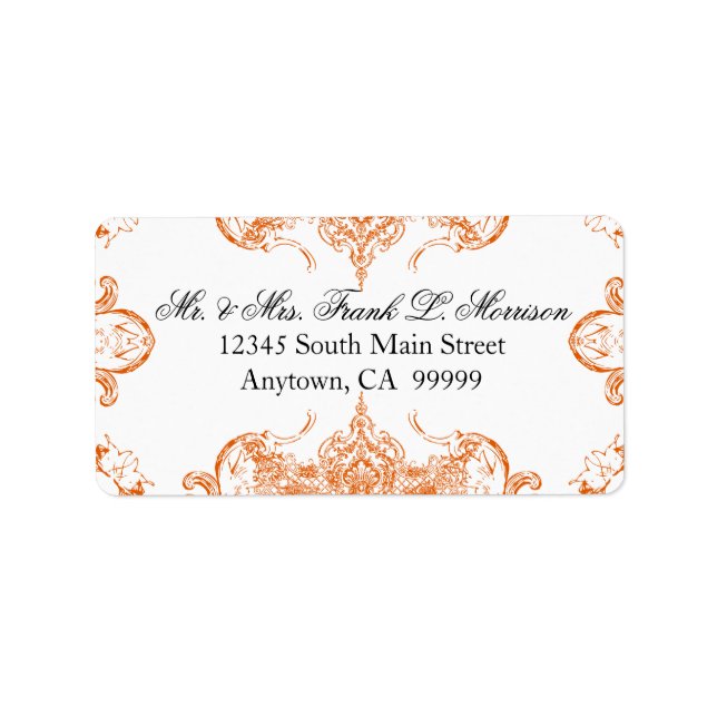 Toile Orange n White Damask Swirl Wedding Labels (Front)