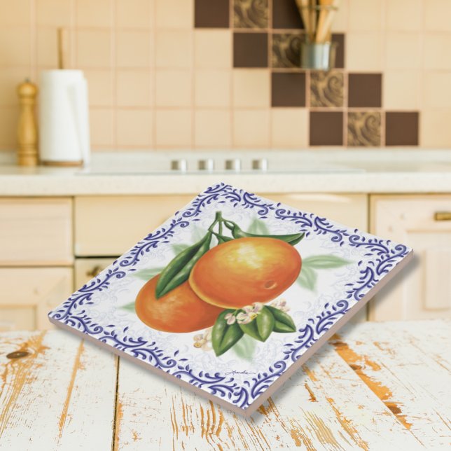 Toile Oranges Ceramic Tile (Shower Favor - French Country Oranges with Blue Toile Ceramic Artisan Tile)