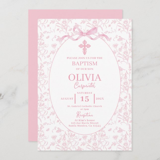 Toile Pink Baptism Invitation (Front/Back)
