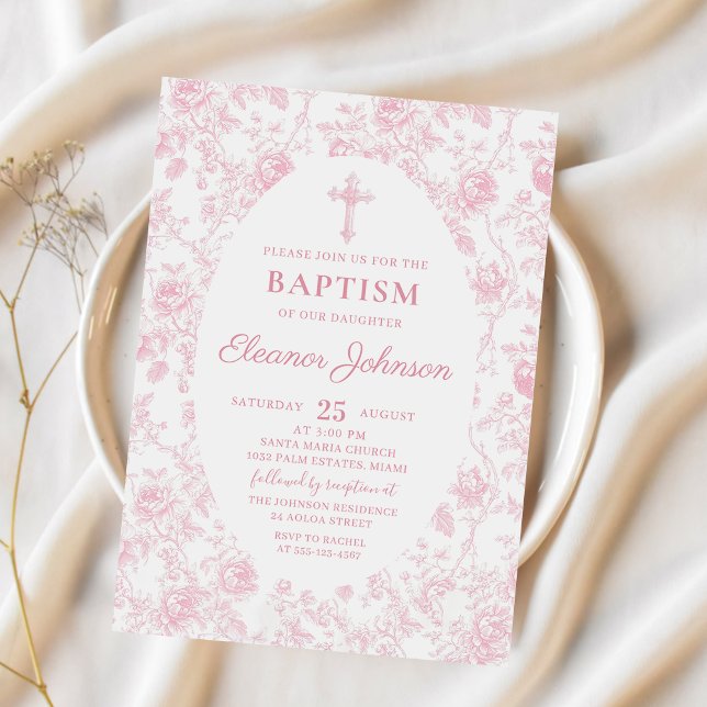 Toile Pink Bow Baptism Girl Invitation (Creator Uploaded)