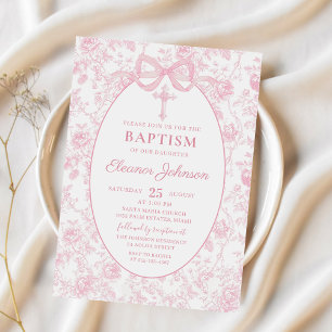 Toile Pink Bow Baptism Girl Invitation