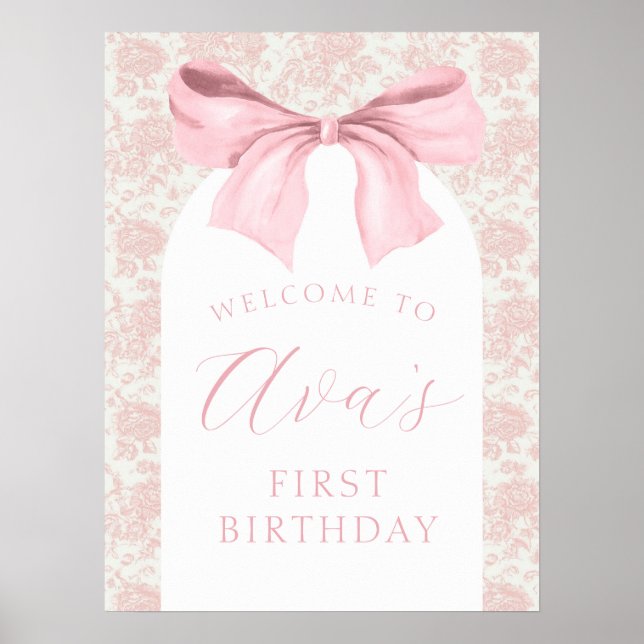 Toile Pink Bow Birthday Welcome Sign (Front)
