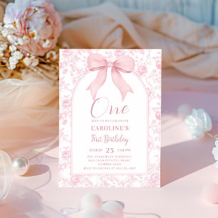 Toile Pink Bow Chinoiserie 1st Birthday Invitation
