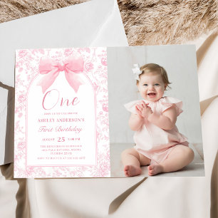 Toile Pink Bow Chinoiserie 1st Birthday Photo Invitation