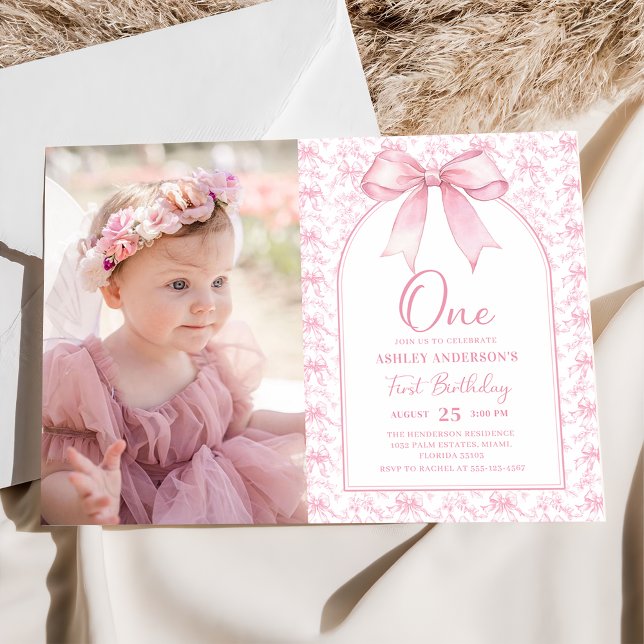 Toile Pink Bow Chinoiserie 1st Birthday Photo Invitation (Creator Uploaded)