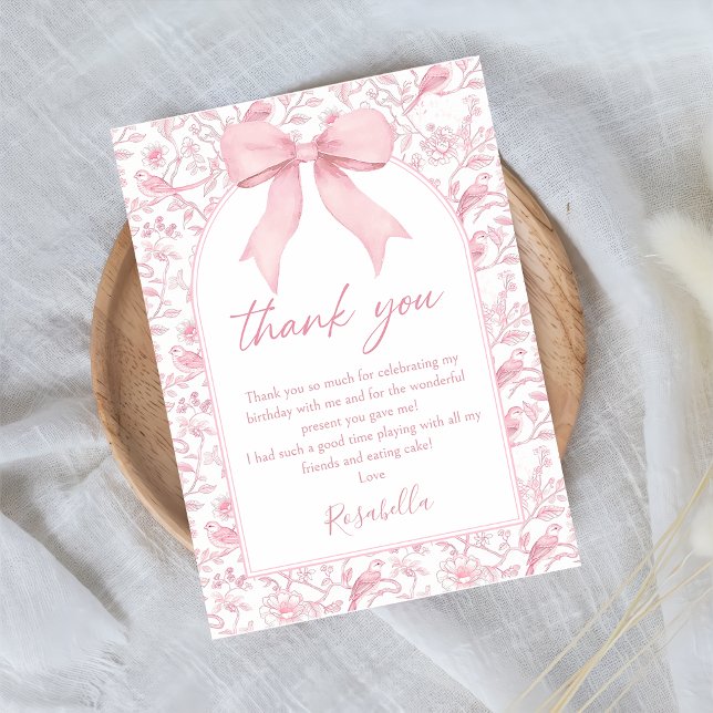 Toile Pink Bow Chinoiserie Floral Birthday Thank You Card (Creator Uploaded)