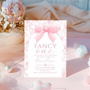 Toile Pink Bow Fancy One Birthday Invitation