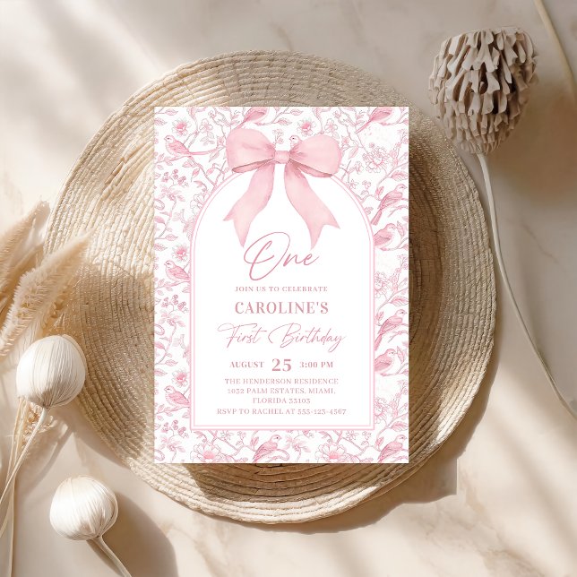 Toile Pink Bow Floral 1st Birthday Invitation (Creator Uploaded)