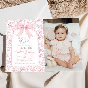 Toile Pink Bow Floral 1st Birthday Photo Invitation