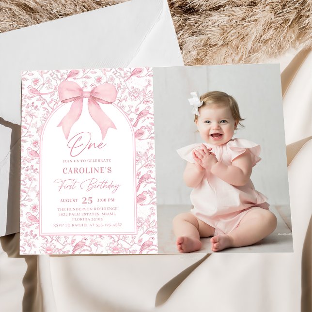 Toile Pink Bow Floral 1st Birthday Photo Invitation (Creator Uploaded)