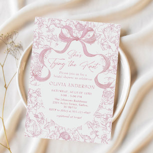 Toile Pink Bow She's Tying the Knot Bridal Shower Invitation