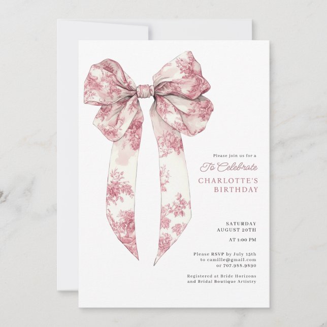Toile Pink Coquette Bow Birthday Invitation (Front)