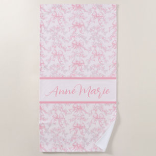Toile Pink Coquette Bow Wedding Party Beach Towel