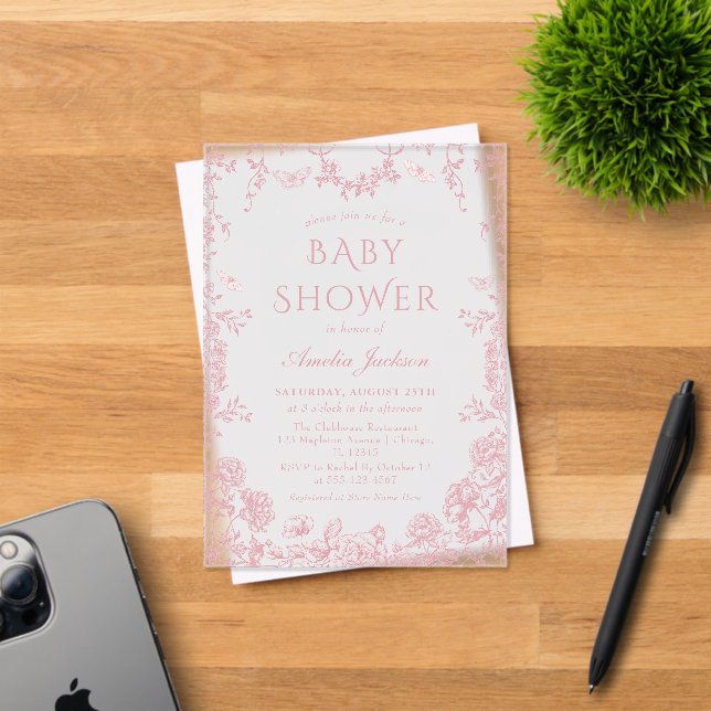 Toile Pink Floral Chinoiserie Baby Shower Acrylic Invitations (Insitu (Invitation Card))