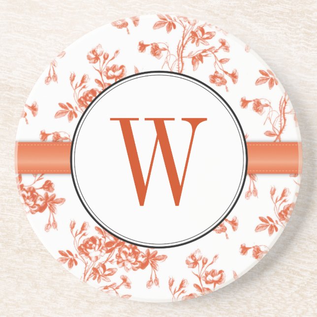 Toile Red Roses Monogram Coaster (Front)