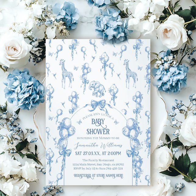 Toile Safari Animal All Blue Balloon Baby Shower Invitation (Creator Uploaded)