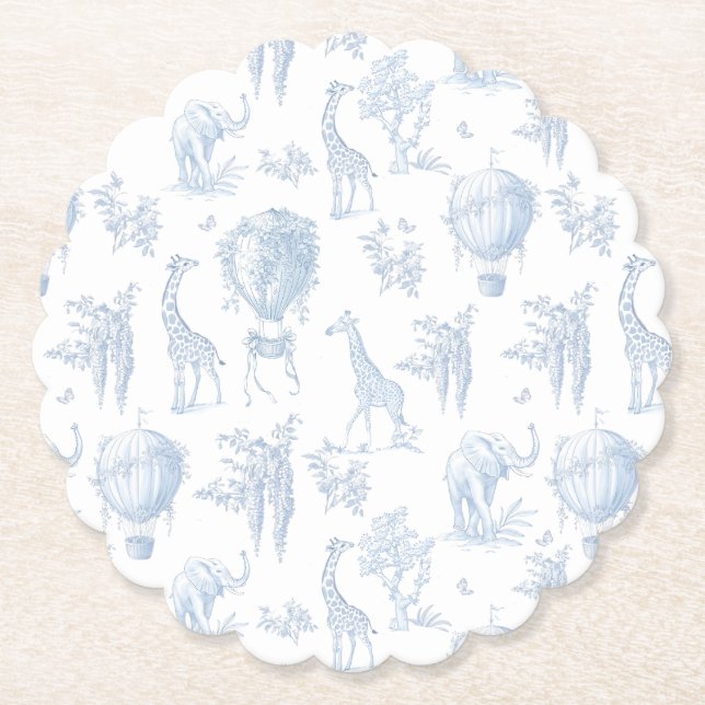 Toile Safari Hot Air Balloons Blue Baby shower Paper Coaster (Front)