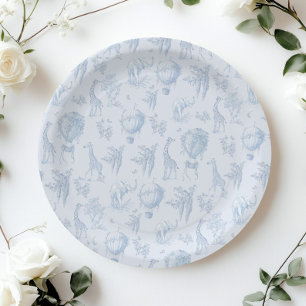 Toile Safari Hot Air Balloons Blue Baby shower Paper Plate