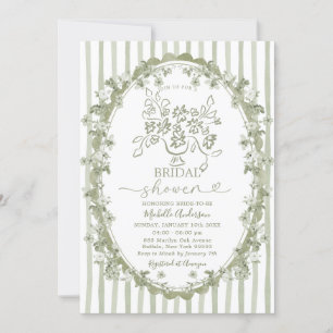 Toile Sage Floral Bouquet Bow Bridal Shower Invitation
