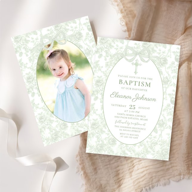 Toile Sage Green Bow Baptism Photo Invitation (Creator Uploaded)