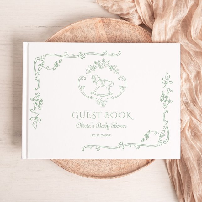 Toile Sage green Rocking horse Baby shower Guest Book (Creator Uploaded)