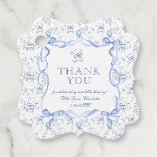 Toile Teddy Bear Dusty Blue Baby Shower Thank you Favour Tags