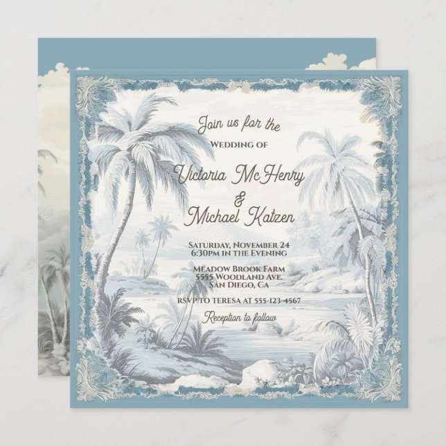 Toile Tropical Palm Trees Island Wedding Invitation (Front/Back)