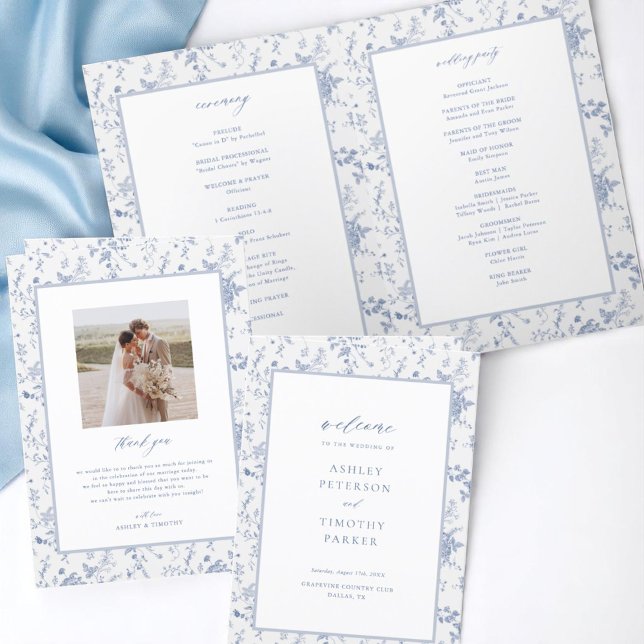 Toile Victorian Blue Floral Wedding Ceremony Program (Creator Uploaded)