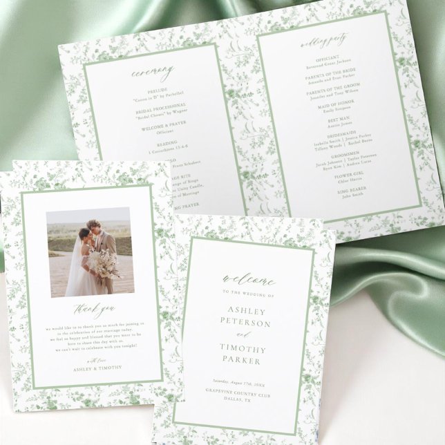 Toile Victorian Green Floral Wedding Ceremony Program (Creator Uploaded)