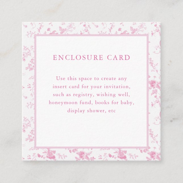 Toile Vintage Floral Pink Square Enclosure Card (Front)