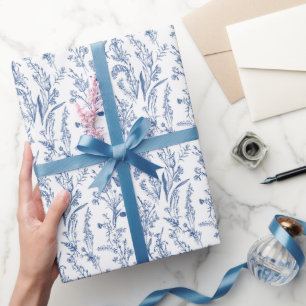 Toile Wildflowers Blue Floral Wrapping Paper