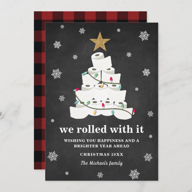 Toilet Paper Christmas Tree Buffalo Plaid Funny Holiday Card (Front/Back)