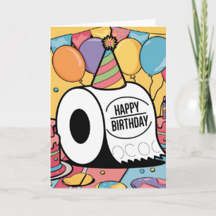 Toilet paper wearing birthday hat balloons card
