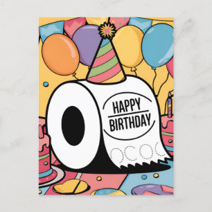 Toilet paper wearing birthday hat balloons postcard