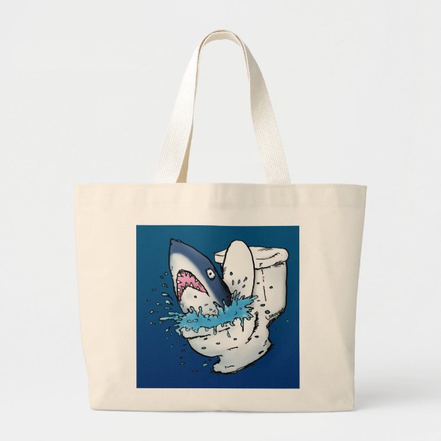 Toilet Shark Funny Blue Cartoon Large Tote Bag (Front)