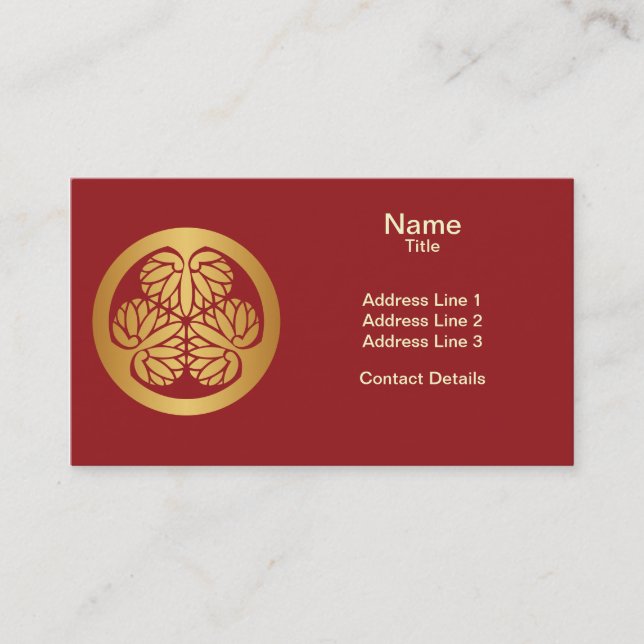 Tokugawa Aoi Japanese Mon Family Crest Gold on Red Business Card (Front)